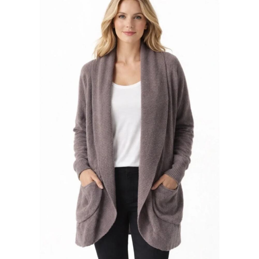 Barefoot Dreams CozyChic Ultra Lite Ribbed Drape Belted Cardigan M Gray Knit